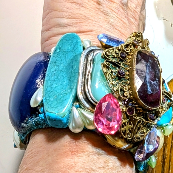 Wendy Gell  wristy amethyst and turquoise with pearls and filigree. Swarovski . - Picture 2 of 5